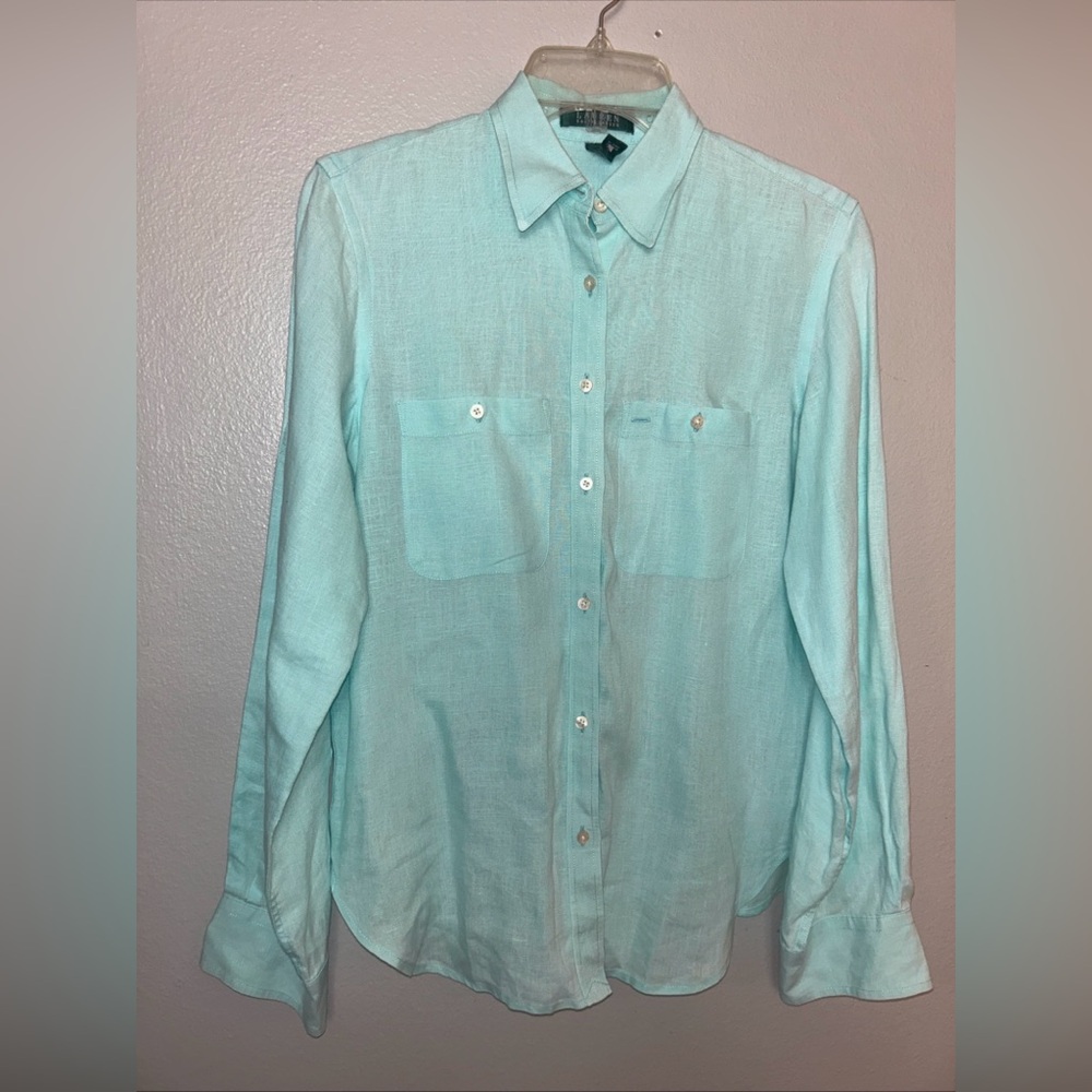 Women’s Teal 100% Linen Ralph Lauren Long Sleeve, Roll Tab Button Up Shirt Small